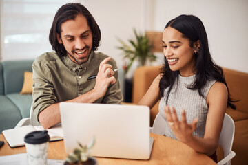 Aufkleber - Creative, laptop and discussion in office, people and smile for teamwork in design agency, online and project. UI designer, digital and collaboration of colleagues, desk and notes of brief together