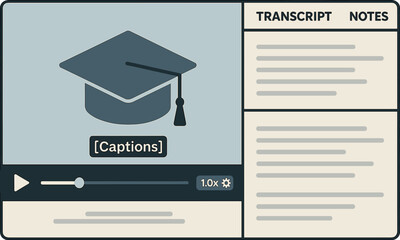 Vector illustration of educational video player interface with closed captions, playback speed options, transcript tab, and note-taking feature