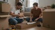 © Lua - Two happy men assemble furniture together in a new home, surrounded by boxes.