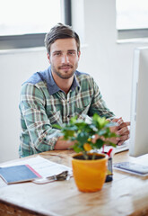 Poster - Desk, portrait and businessman in office for professional job, startup and confidence with computer. Web design, guy and pc in creative agency for seo project, information technology and ambition