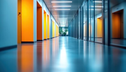 Poster - Modern office hallway featuring potted plants and bright lighting during daytime hours