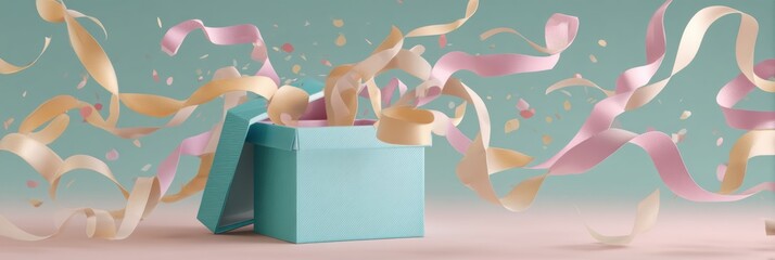 Poster - Colorful Gift Box Opens Wide With Ribbons and Confetti Floating in the Air Creating a Festive Atmosphere of Celebration Generative AI