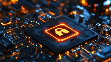 Fototapete - Close-up view of a computer circuit board featuring a glowing security lock symbol, illustrating cybersecurity technologies and data protection measures