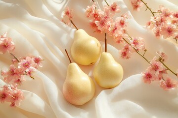 Aufkleber - Vibrant yellow pears arranged on soft fabric with delicate pink cherry blossoms creating a serene still life composition in bright morning light