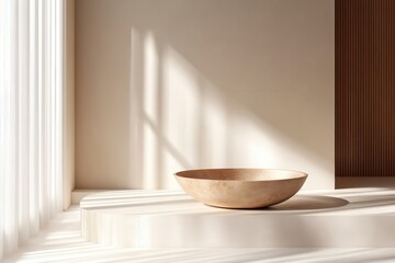 Aufkleber - Chic interior design with wooden bowl and decorative vase featuring dried grass in serene, sunlit space