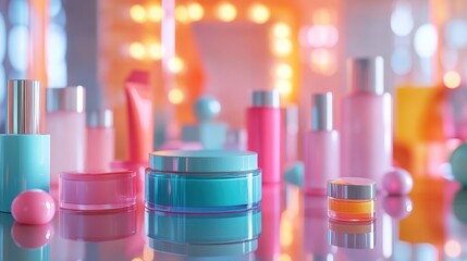 Aufkleber - Colorful cosmetic display with neon lights, soft fog, and decorative elements creates a vibrant atmosphere for beauty products