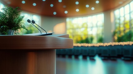 Poster - Colorful floral arrangement enhances a presentation area in a serene setting featuring lush greenery and modern decor during a daytime event