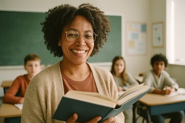 Teacher smiling in classroom setting.