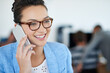 © peopleimages.com - Woman, business and talking on phone call in workplace, happy and client negotiation or feedback for creative agency. Conversation, connection and social networking, smartphone and mobile survey