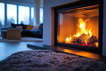 Poster - Cozy winter evening by the fireplace in a stylish living room with natural light and warm decor