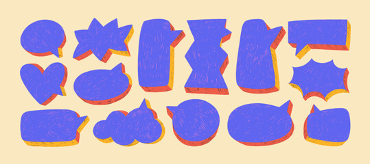 Aufkleber - Colorful crayon drawn three-dimensional speech bubbles. Hand drawn vector funky talk balloons. Violet communication speech bubbles collection. Crayon chalk doodle text clouds. Blank shapes.