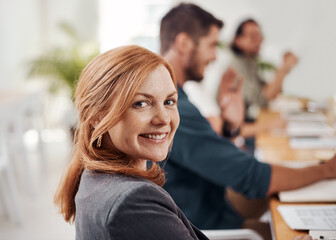 Aufkleber - Business woman, seminar and meeting portrait with startup, happy and company workshop with staff. Working, job convention and employee at presentation with team and smile at public relations office