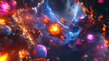 Wall Mural - epic space battle starship destroyers fierce combat action intense scifi artwork galactic war fire. 