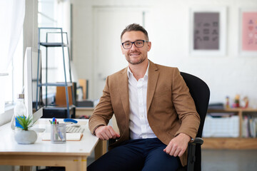 Aufkleber - Businessman, glasses and portrait in office, writer and smile for project, reporter and professional. Face, proud and entrepreneur in company, journalist and confidence in startup and computer