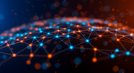 Wall Mural - abstract digital network background featuring glowing blue and orange nodes with lines and depth of 
