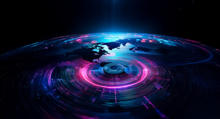 Wall Mural - a vibrant, futuristic depiction of earth, encircled by glowing rings and technological elements, sug