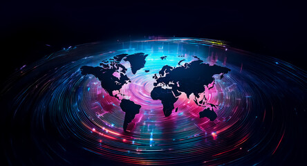 Wall Mural - a stylized world map glows vibrantly, encircled by swirling, neon-colored energy, suggesting global 