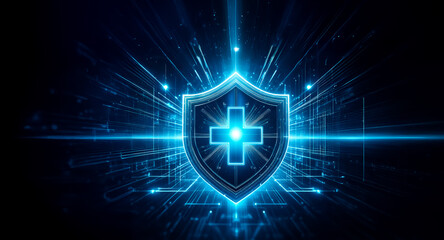 Wall Mural - glowing blue shield with a cross at its center, radiating light against a dark digital backdrop. sym