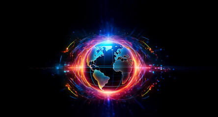 Wall Mural - a vibrant, glowing earth encircled by dynamic energy fields of red and blue, symbolizing global conn