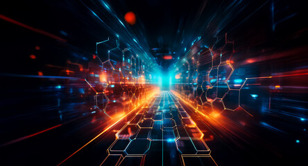 Wall Mural - a vibrant, abstract digital tunnel glows with streaks of blue, orange, and red light, creating a sen