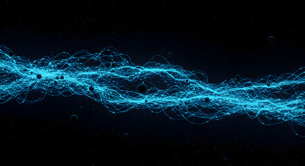 Wall Mural - dynamic swirling line of luminous blue particles on a deep black background creates depth and moveme