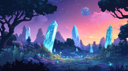 Wall Mural - fantasy landscape created by ai, crystal mountains, bioluminescent trees