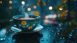 Cozy cup of steaming coffee on rainy night
