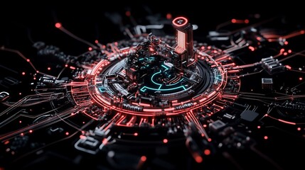 Wall Mural - Futuristic digital circuit design with glowing red and cyan details, dark background