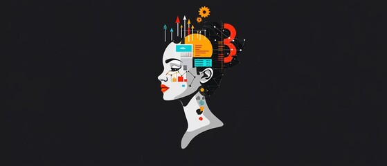 Wall Mural - Illustration of a woman's head with technology elements, data, and gears