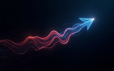 Canvas Print - an upward-trending arrow, composed of glowing, wavy, red and blue particles, symbolizes growth and p