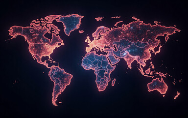 Wall Mural - a glowing, digital world map showcases interconnected nodes, representing global networks and commun