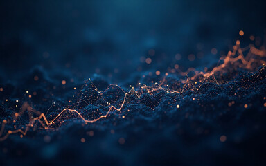 Wall Mural - abstract digital landscape, glowing orange lines trace a path across a dark blue, particle-filled te