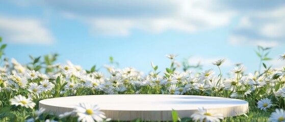Wall Mural - podium with a white meadow flowers background