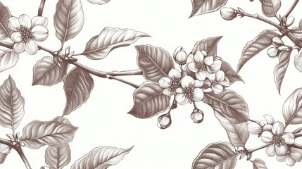 57.A set of finely detailed illustrations depicting coffee branches, stems, and blossoms, rendered in a monochromatic hand-drawn style, forming a timeless and versatile pattern suitable for digital