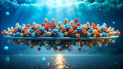 A vibrant array of molecular structures, intricately clustered atop a sleek surface, mirroring itself in a tranquil body of water under a radiant sky