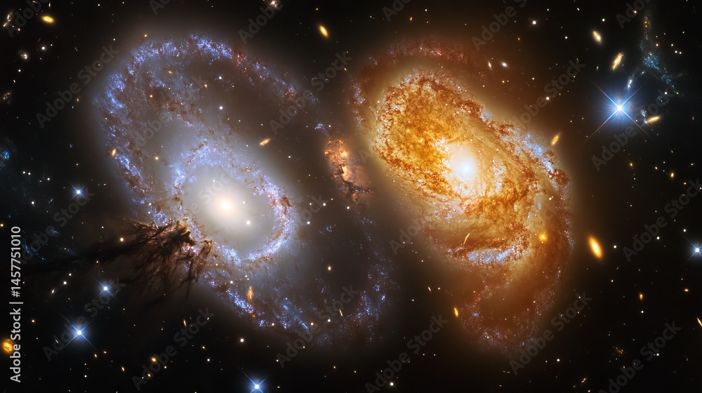 Illustration Stock Stunning Celestial Dance of Two Spiral Galaxies in ...