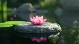 Pink lotus flower on rock in calm water serene nature scene