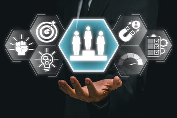 Wall Mural - futuristic digital interface showcasing business competition with icons of success, leadership, and 