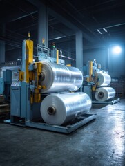 Leinwandbilder - Stretch Film Wrapping Machine in Industrial Warehouse With Cinematic Lighting During Evening Hours Generative AI