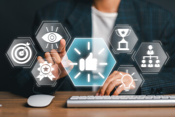 Wall Mural - business professional interacting with digital icons symbolizing encouragement, success, and innovat