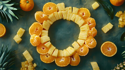 Wall Mural - tasty pieces of tangerine, pineapple and cheese laying on the festive table in the shape of a loop, 