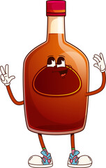 Poster - Rum alcohol drink bottle groovy cheerful character. Party alcohol drink bottle cute 60s 70s groovy vector personage, distilled booze cheerful funky retro mascot. Rum spirit beverage groovy character
