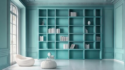 Fototapete - Stylish ceiling-high shelving with back panel in contrasting color