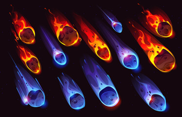 Wall Mural - cartoon comets meteors and ice asteroids. galaxy space objects with flame trails. vector falling fie
