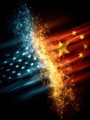 Leinwandbilder - Glowing AI Neural Networks Visualize Clash Between US and China Flags in Dynamic Artistic Representation Generative AI