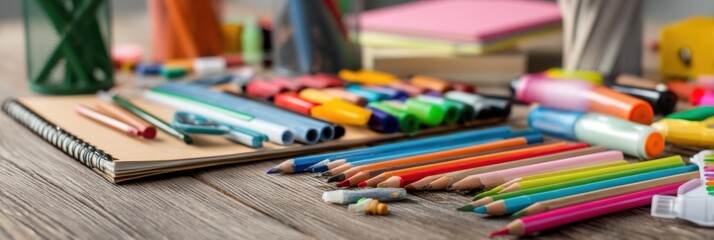 Poster - Drawing Supplies Arranged on a Wooden Table for Creative Expression and Artistic Projects Generative AI