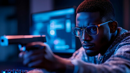 Focused man aiming gun at computer screen blue light intense expression