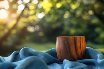 Poster - Wooden cup sits on a fabric surface outdoors.