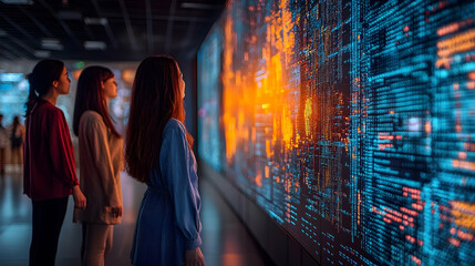 Women observing dynamic data visualization on large digital screen