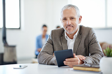 Aufkleber - Mature, man and happy portrait with tablet for corporate, online and planning for company workflow. Entrepreneur, office and technology with internet for employee performance, reports and news update